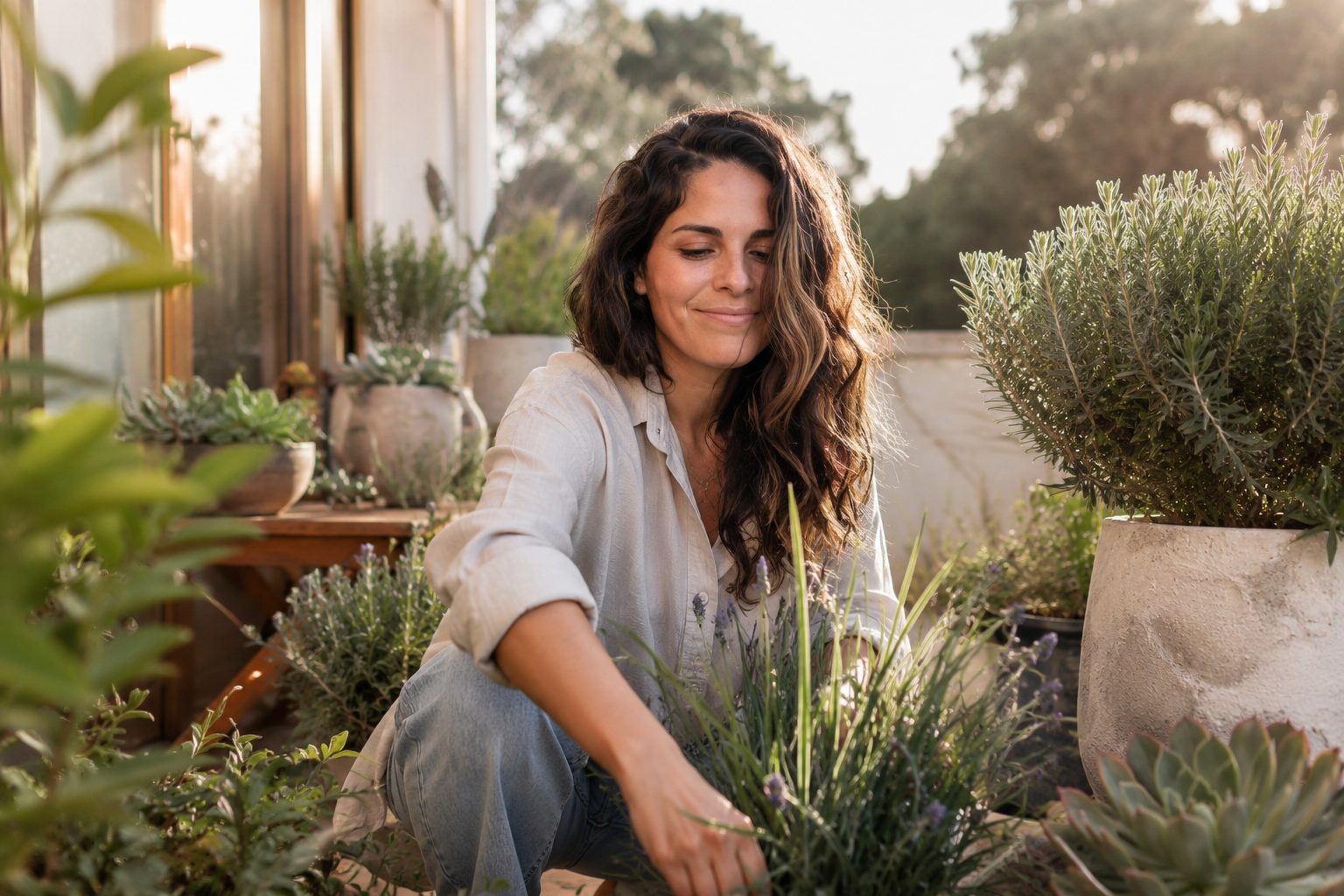 Carla Cuellar entre plantas en una terraza al atardecer